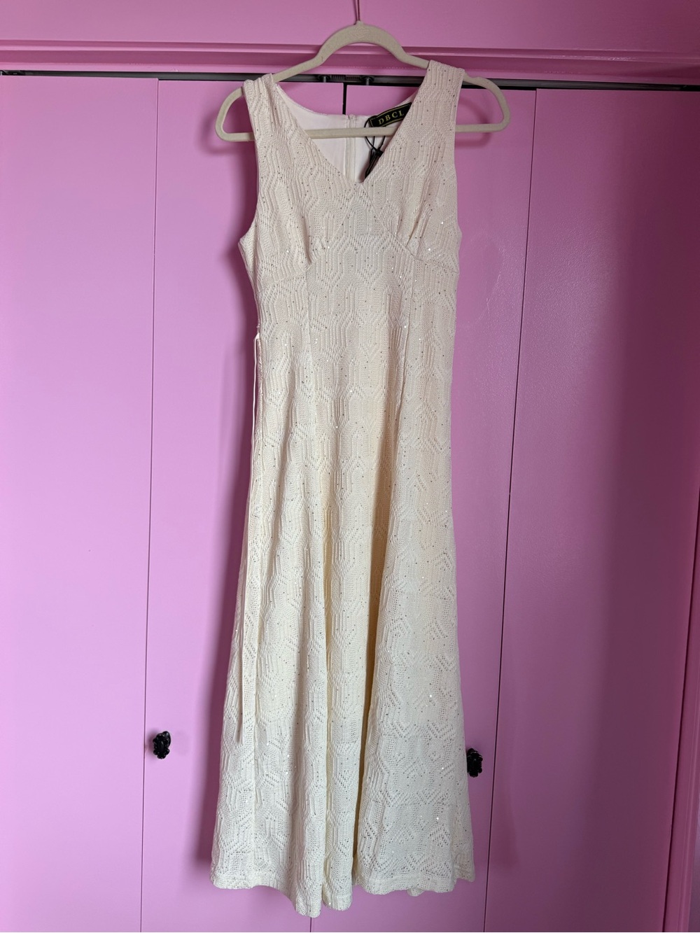 DBCL Double Collection Cream Sequin Knit V-Neck MIDI Maxi Dress Size S